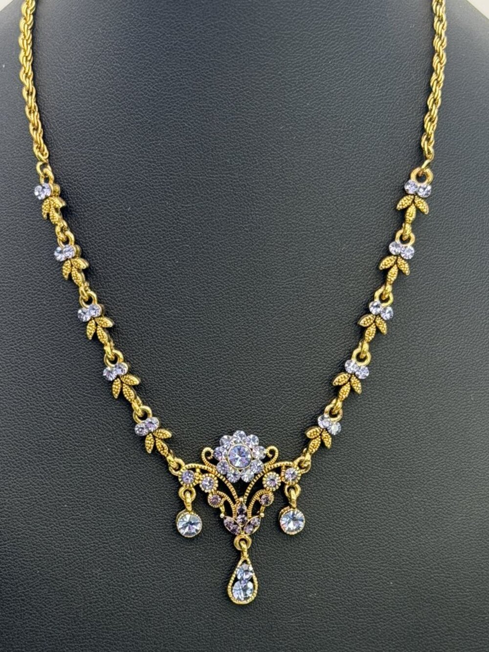 Vintage Lavender Blue Rhinestone Floral Necklace Art Nouveau Revival 15.5”